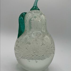 Clear Heavy Glass Paperweight Pear Shape 6" Green Leaf Clear Bottom Bullicante